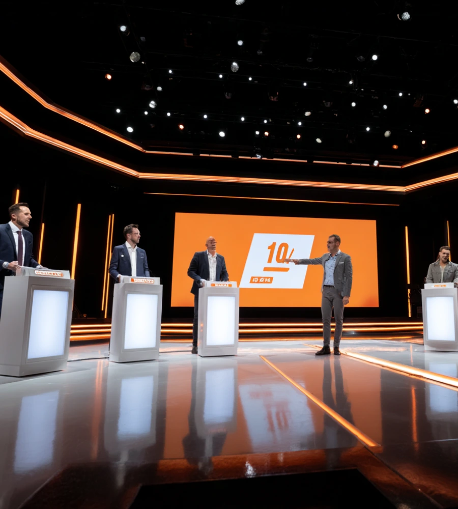 Uczestnicy teleturnieju 1 z 10 przy swoich stanowiskach.