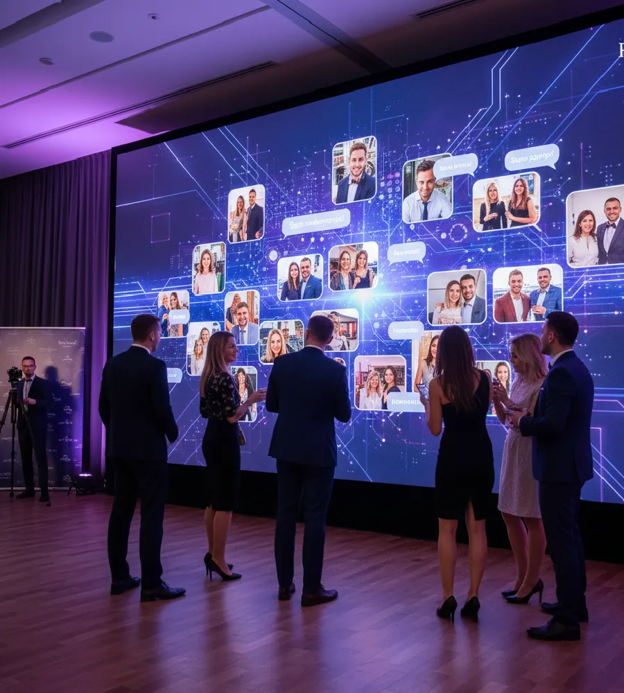 Duży ekran LED wyświetlający dynamiczny kolaż zdjęć uczestników i ich pozdrowień.