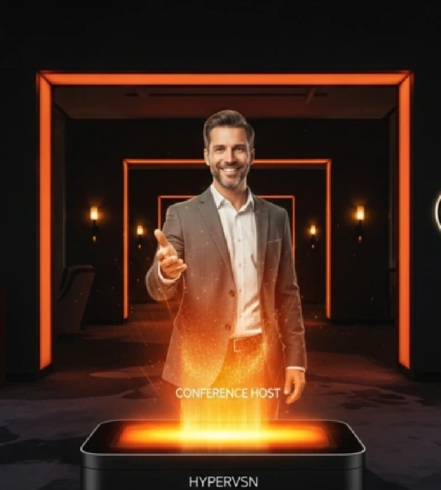 Hologram mężczyzny w garniturze z napisem Conference Host, wyświetlany przez urządzenie Hypervsn.