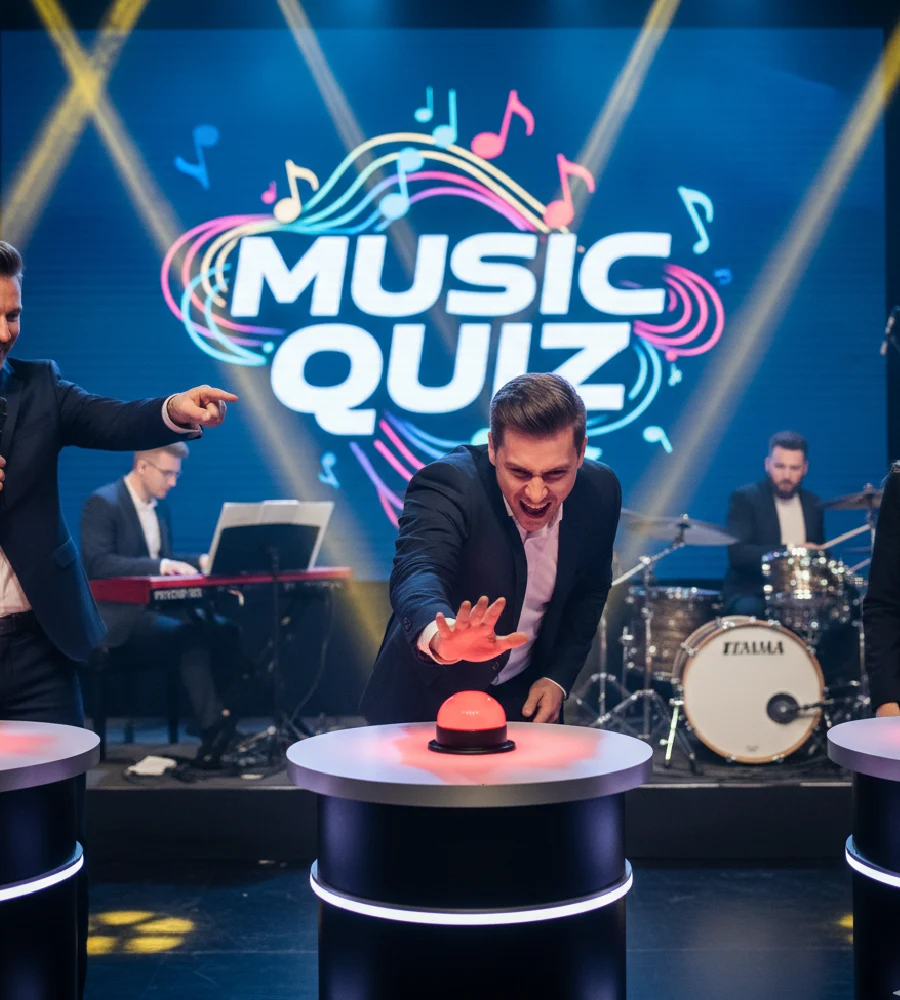 Uczestnicy teleturnieju muzycznego 'Jaka to Nuta?' w słuchawkach, skupieni na odgadywaniu utworu.