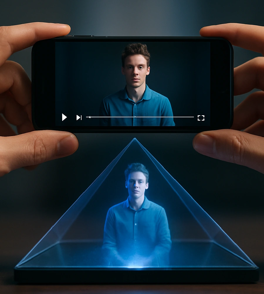 Osoba trzymająca smartfon z piramidą holograficzną wyświetlającą hologram twarzy.